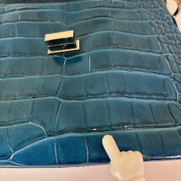 Claudia Firenze Teal Leather Croc-Embossed Handbag Rope Handle Chic Purse Italy - Picture 8 of 16